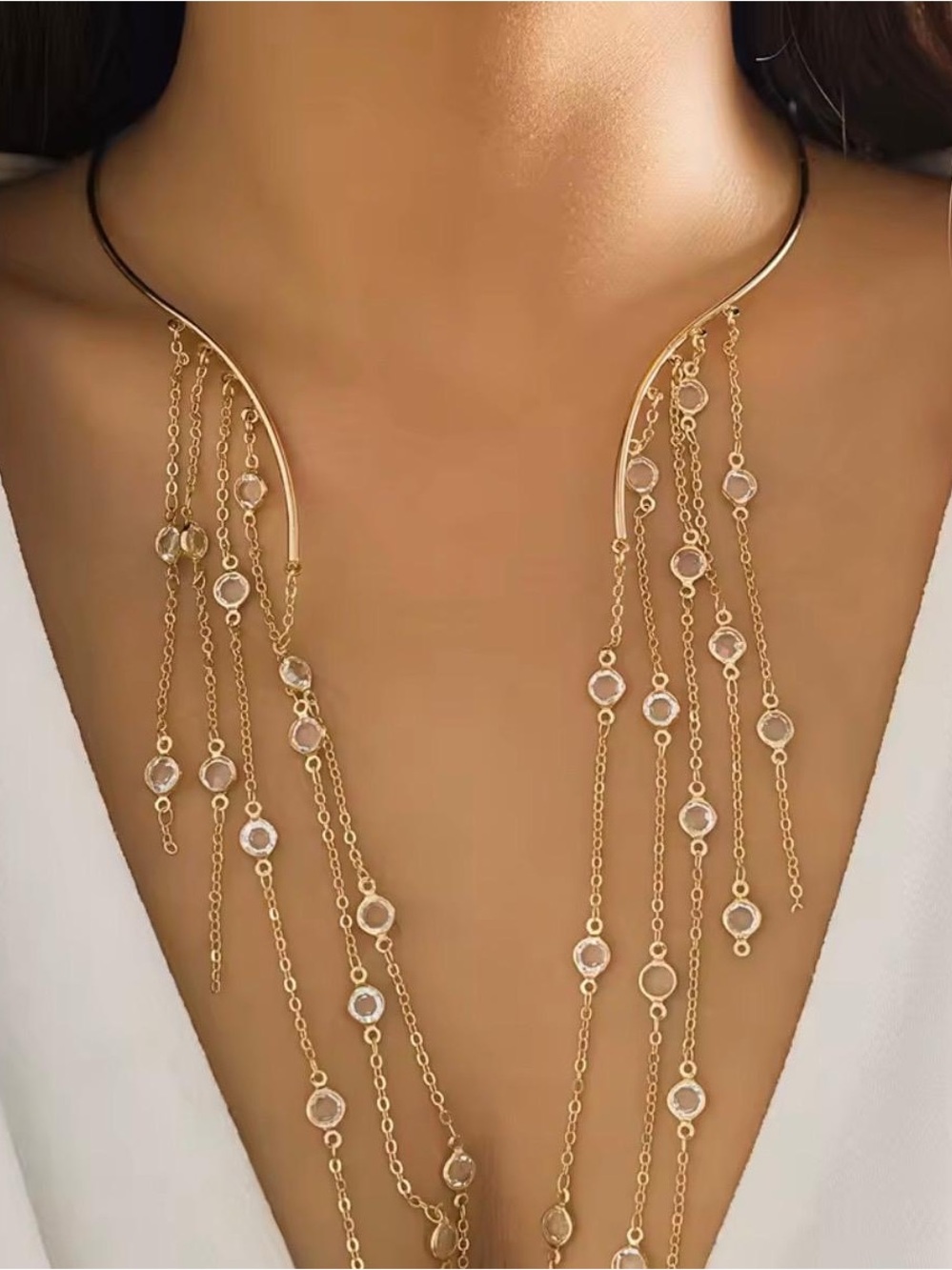 Gold Tone Waterfall Statement Necklace /Elegant Crystal Chain Bib Necklace /